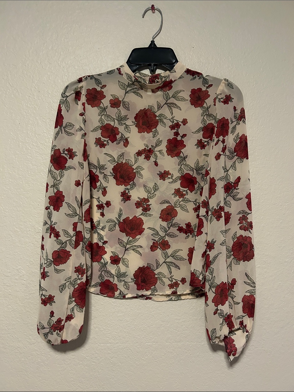 Forever 21 Ivory Mock-Neck Blouse with Red Floral Print